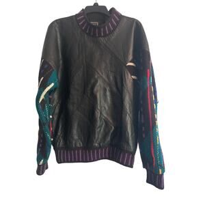 VGUC Vintage Saxony Men's Genuine Leather/Knit Sweater Crew Neck Size Large
